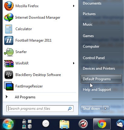 Tombol Default Programs di menu Start Windows 7