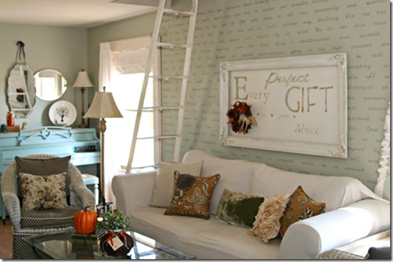 friday feature--living room with stenciled lettering on wall from the pennington point blog