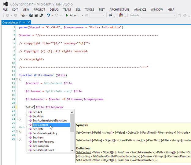 PowerGUI editing PowerShell script with full IntelliSense support and Code Highlighting