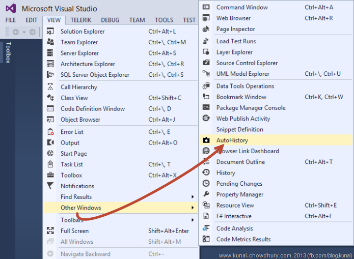 How to open the Auto History pane in Visual Studio 2013