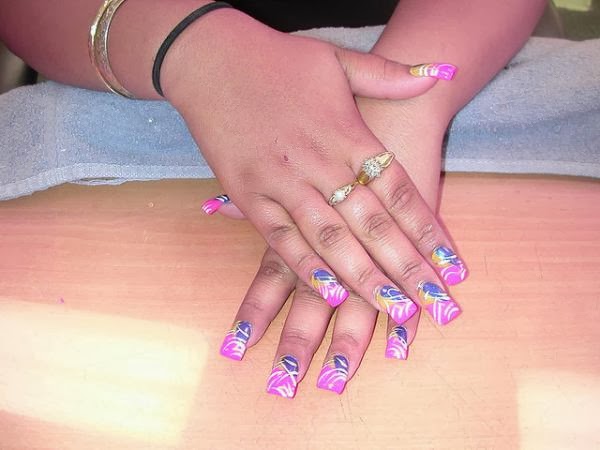 Pink Nails White Stripes With Indigo Base Pink And White Nail Designs