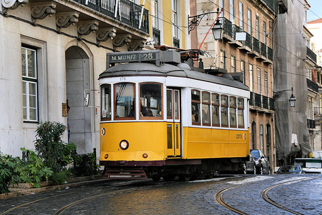 taking a tram in Lisbon