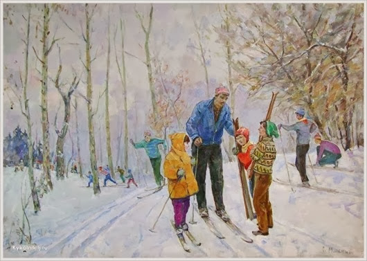 Минский Григорий Семенович (Украина, 1912) «Школьники на лыжной прогулке» 1974
