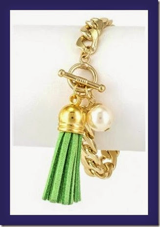 Spring green leather tassel and pearl chain link bracelet