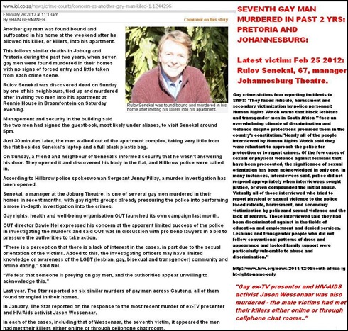 SENEKAL Rulov 7th gay white man murdered Gauteng past 2yrs Feb282012 BRAAMFONTEIN