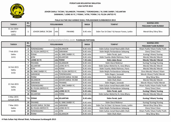 Jadual Lengkap Liga Super 2015