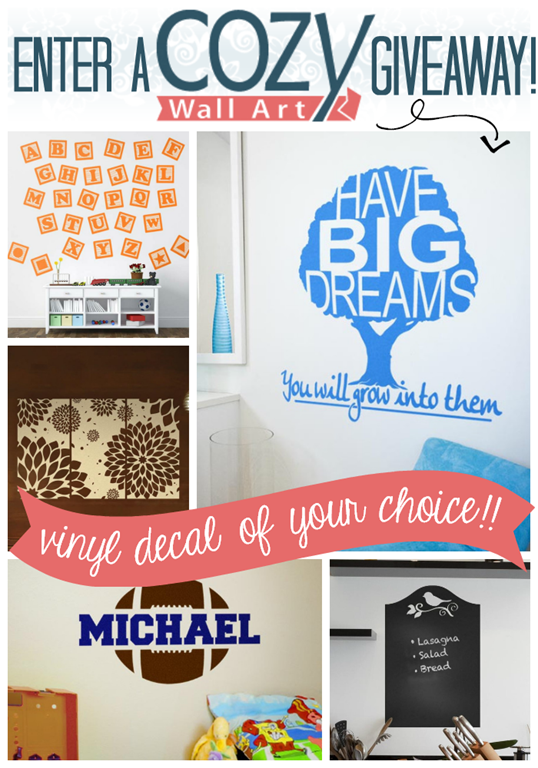 Enter a Cozy Wall Art Giveaway at GingerSnapCrafts.com ~ enter to win a vinyl decal of YOUR choice up to $60 in value
