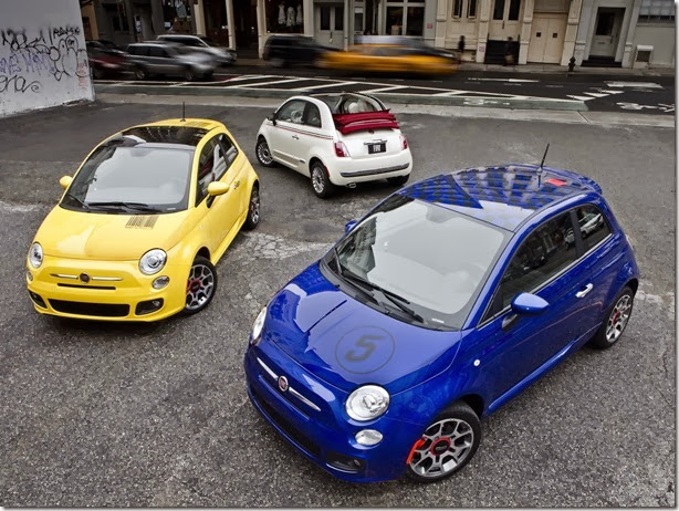 2012 Fiat 500 Sport models with “Barcode” decal (left) and “Checker” decal (right), and 2012 Fiat 500c with bodyside stripe