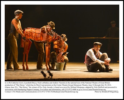 (L to R) Catherine Gowl, Laurabeth Breya, Nick LaMedica and Andrew Veenstra in the national tour of the National Theatre of Great Britain production of “War Horse,” which has its West Coast premiere at the Center Theatre Group/Ahmanson Theatre, June 14 through July 29, 2012.  (Opens June 29.)  “War Horse,” the winner of five Tony Awards, is based on a novel by Michael Morpurgo, adapted by Nick Stafford and presented in association with Handspring Puppet Company. For tickets and information, call (213) 972-4400 or go to www.CenterTheatreGroup.org.                          Contact: CTG Media and Communications (213) 972-7376/CTGMedia@CenterTheatreGroup.org                                    Photo by Brinkhoff/Mögenburg