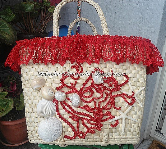 Sacchetto grande Juta con fiori rosso corallo-Linea Nido d'Amore