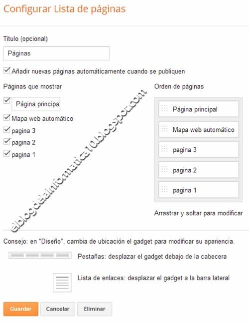 Gadget Páginas en Blogger - Configuración lista de páginas