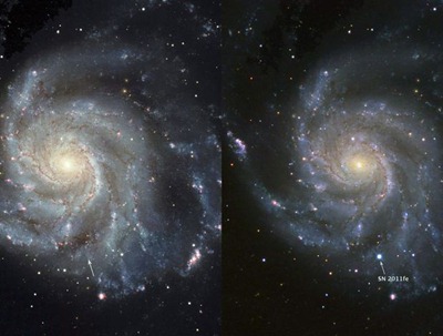 galáxia antes e depois da explosão da SN 2011fe