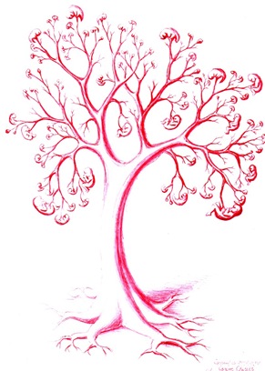 Copac din vase de sange cu embrioni si fetusi pe post de fructe desen facut cu pixul