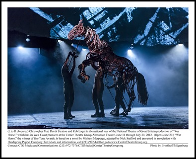 (L to R obscured) Christopher Mai, Derek Stratton and Rob Laqui in the national tour of the National Theatre of Great Britain production of “War Horse,” which has its West Coast premiere at the Center Theatre Group/Ahmanson Theatre, June 14 through July 29, 2012.  (Opens June 29.) “War Horse,” the winner of five Tony Awards, is based on a novel by Michael Morpurgo, adapted by Nick Stafford and presented in association with Handspring Puppet Company. For tickets and information, call (213) 972-4400 or go to www.CenterTheatreGroup.org.                                                       Contact: CTG Media and Communications (213) 972-7376/CTGMedia@CenterTheatreGroup.org                                     Photo by Brinkhoff/Mögenburg