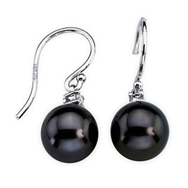 Round Black Tahitian Cultured Pearl and Diamond Fish-Hook Earrings