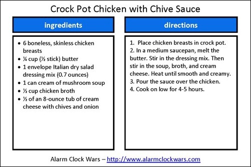 crockpot chicken with chive sauce recipe card