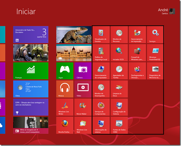 Atalhos de ferramentas adminstrativas do Windows 8 exibidos na tela inicial