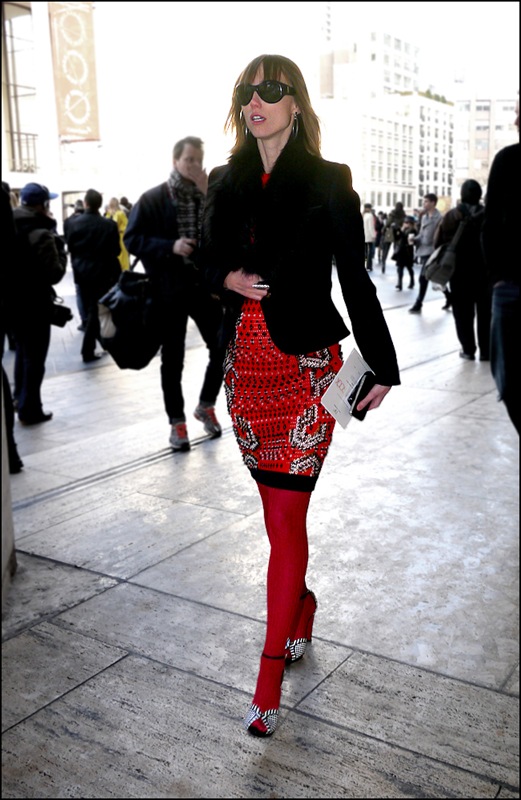 30 Anya Ziourova red black white print dress short black jacket fur collar red leggings black and white heels ol