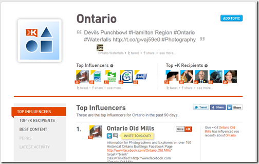Ontario Klout Topics Page