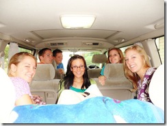 From the front of the van working back, left to right: Rob, Andrew, Jannah, Jessica, Rachel, and Juliana