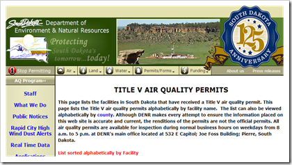South Dakota Department of Environment and Natural Resources Title V Air Quality Permits