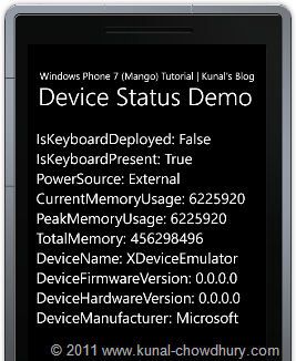 Device Status Demo using Windows Phone 7.1 (Mango) Emulator