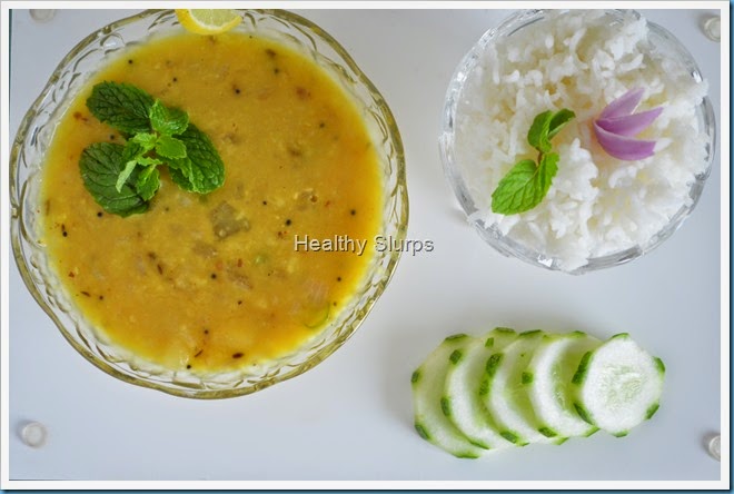 Mung dal with steamed rice and salad