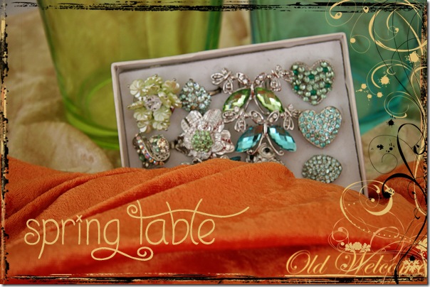spring table blue green orange gold crushed velvet handblown glass costume jewelry