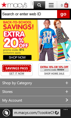Screenshot of www.macys.com with Windows Phone 8.1