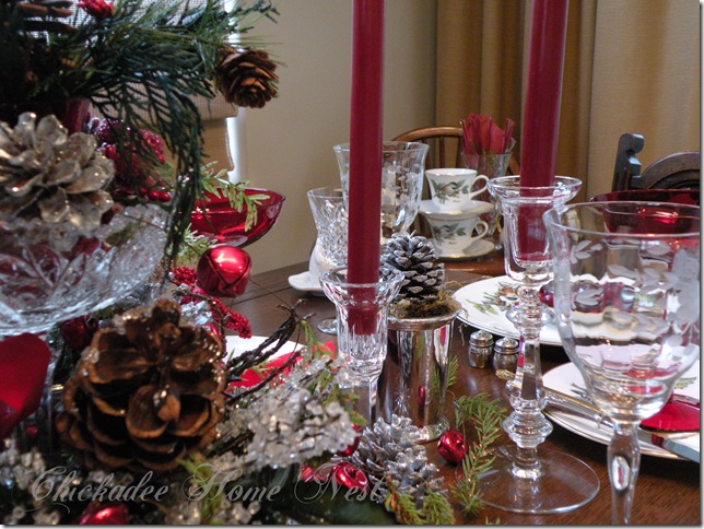 Christmas centerpiece, vintage goblets, Boehm Chickadees and Holly