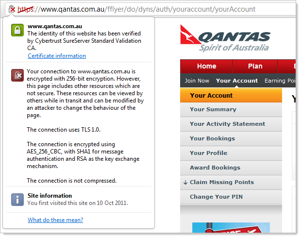 Il sito Qantas carico contenuto misto e causando un avvertimento del browser