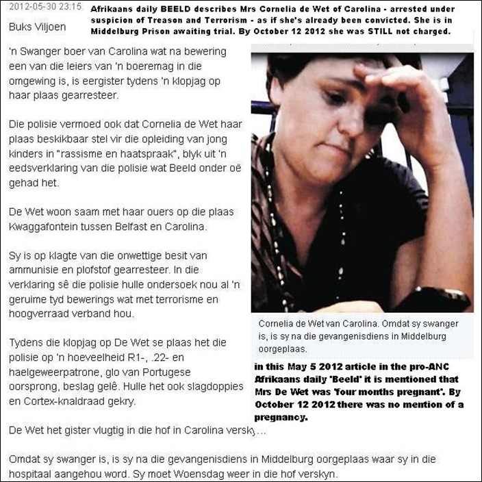 De Wet Cornelia PREJUDICED ARTICLE IN BEELD ABOUT ARREST ON CAROLINA FARM MAY 30 2012 BUKS VILJOEN
