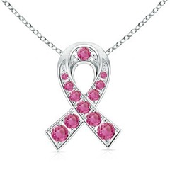 Round Pink Sapphire Ribbon of Hope Pendant in 14k White Gold