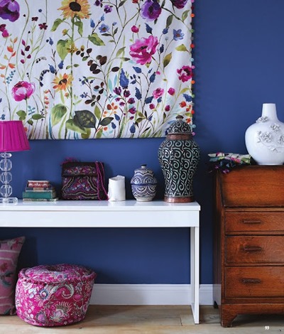 hallway-entry-way-decorating-idea-fabric-display-floral-bright-colorful-pink-blue-unique-color-combination-vintage-dresser-pouf
