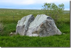 This is called the rock that ran.  It is quartzite left after glacial melt and is quite different from the surrounding terrain.  These can be seen scattered across the plains in this area