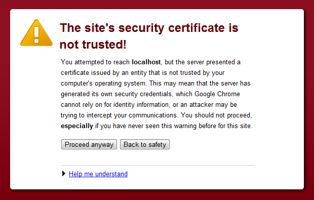 Avvertimento di Chrome su un certificato self-signed
