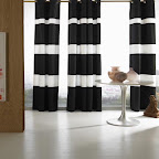 Black and white striped window treatments, white round table with decor. Black and White Drapes by Wildcat Territory.jpg