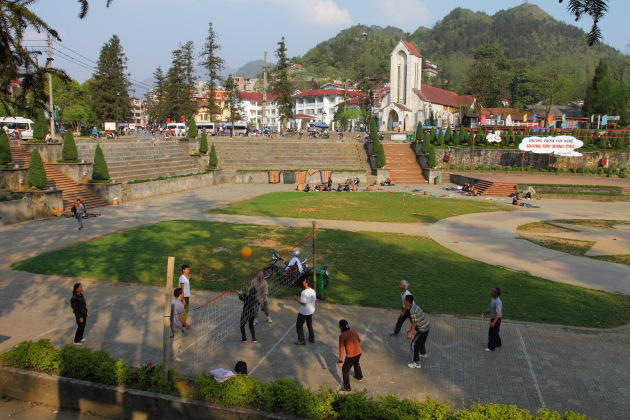 Locals enjoy a game of volley ball at Sapa's Square