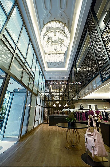 SHANGHAI TANG MANSION FLAGSHIP HONG KONG NEW 1 DUDDELL STREET opulent luxurious store Grand Foyer with Shou symbol crystal chandelierReady-to-Wear & Accessories Spring Summer 2012 Fall Winter Women Mens Kids