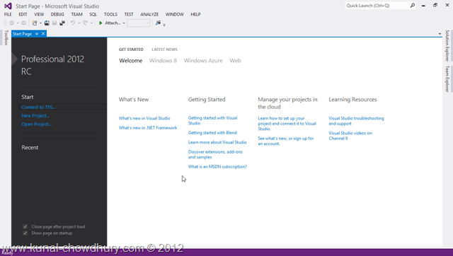 VS2012 Installation Experience - Visual Studio 2012 RC Start Page