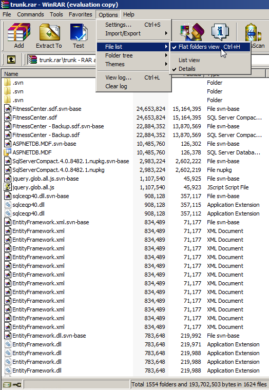 WinRAR listing the files of a compressed file (trunk.rar) by file size