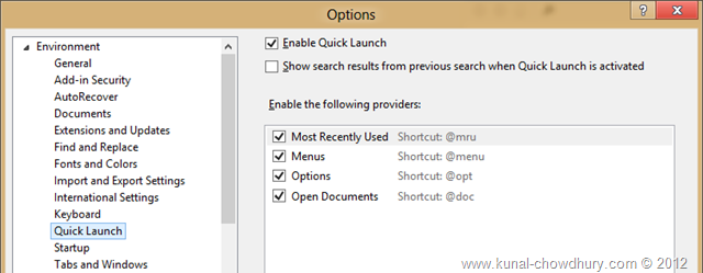 Visual Studio 2012 Quick Launch - Options in Option