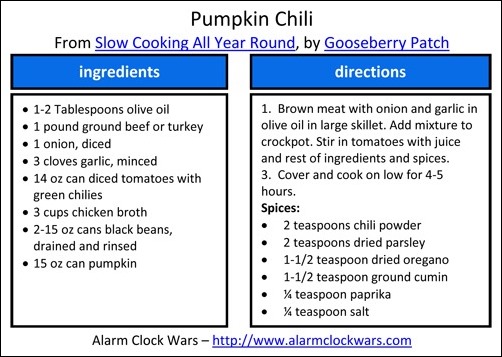 crockpot pumpkin chili recipe card