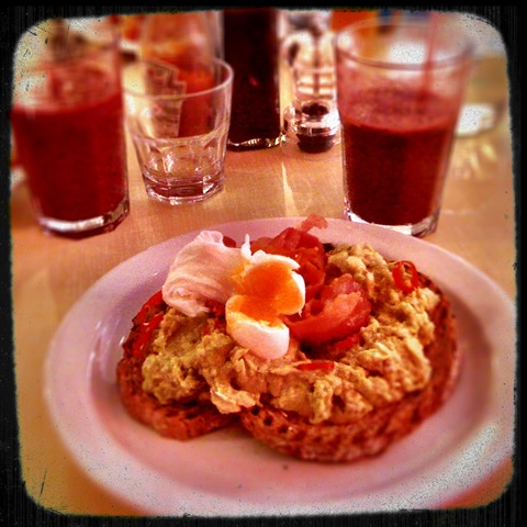 The Breakfast Club's avocado, bacon and egg on toast with Pommy Granny smoothie