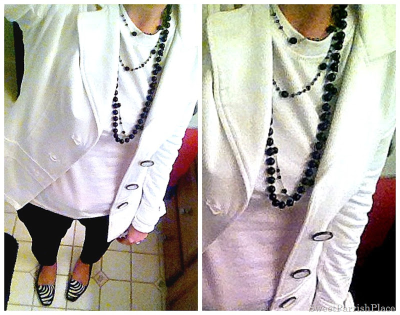 white blazer, black ankle pants, black beads