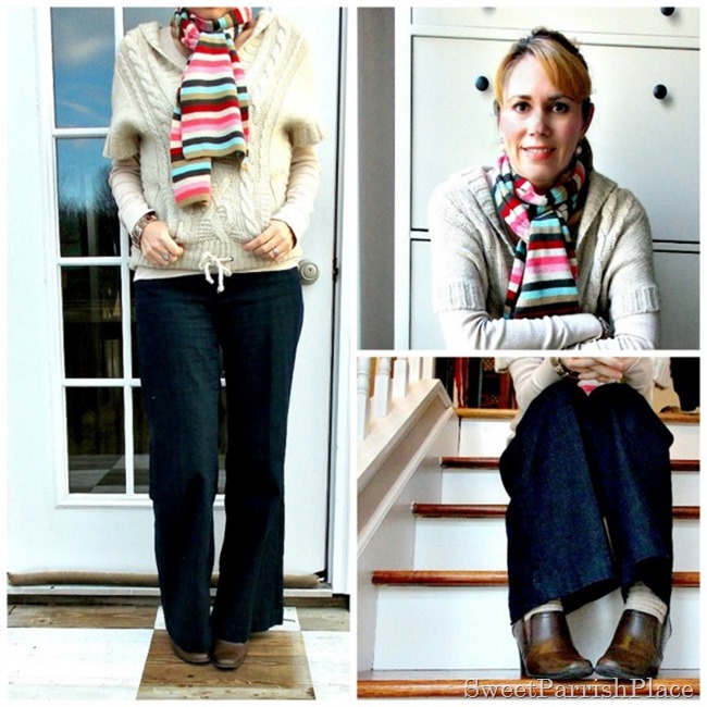 trouser jeans, booties with neutrals top and colorful scarf6