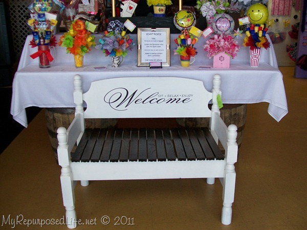 Welcome sit relax enjoy stenciled twin headboard bench
