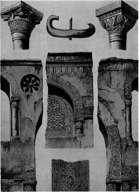 Mosque of Ahmad ibn Tulun, details, 9th century. Prisse contrasts the interior arched spandrels with the decorated arches of the courtyard, which display a broad frieze of stucco rosettes. Stucco- work frames the windows distributed around the whole building. According to Prisse. these helped disburse fragrances of ambergris into the congregation.