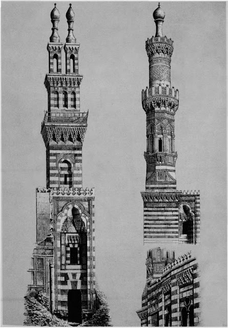 Minarets of Qanibay al-Rammah at Nasiriya mosque, 15th century & al-Burdayni mosque, 17th century. Contrasting minarets, cubical and cylindrical— both have tnlobed arches, muqarnas, and alternating vertical and horizontal voussoirs. The Nasiriya minaret exploits alternating voussoir designs featured in the portal frame, whereas the al-Burdayni mosque displays intricate carvings.