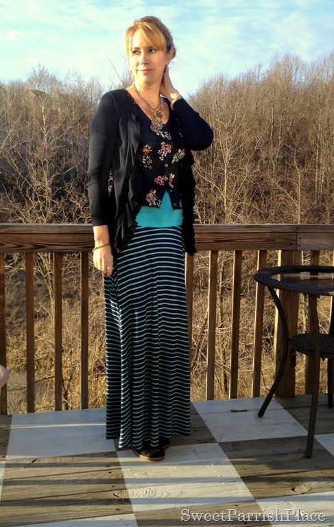 striped maxi and floral sweater